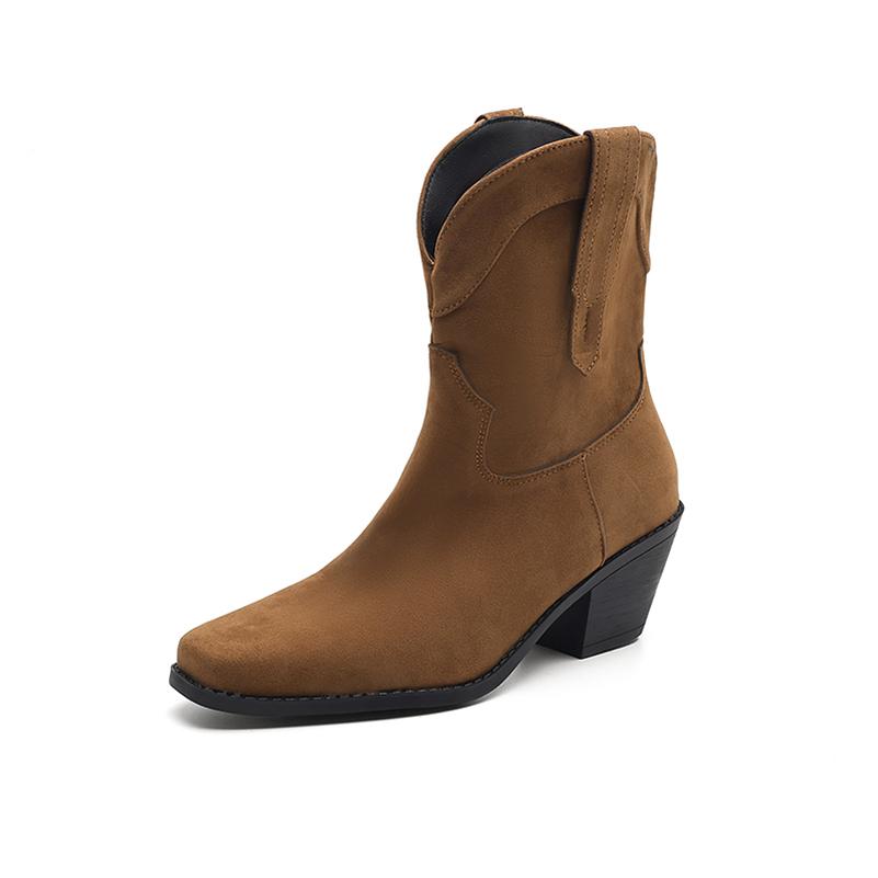 FOREADA Women Ankle Cowgirl Boots Square Toe Thick High Heels Western Boots Concise Cowboy Short Boots Ladies Fashion Shoes Autumn Winter