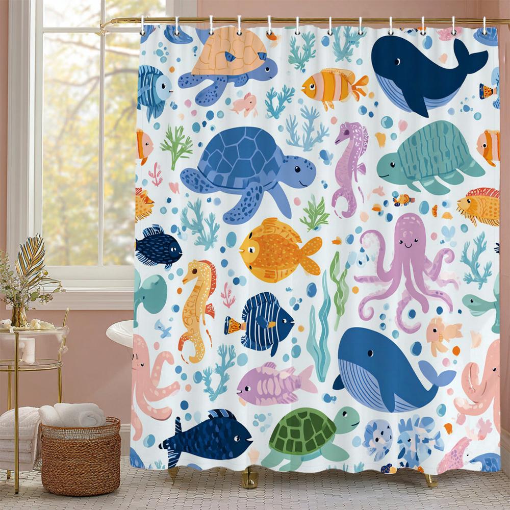 Cartoon ocean underwater world Shower Curtain, Bathroom Decorative Shower Curtain, Waterproof Shower Curtain with Hooks