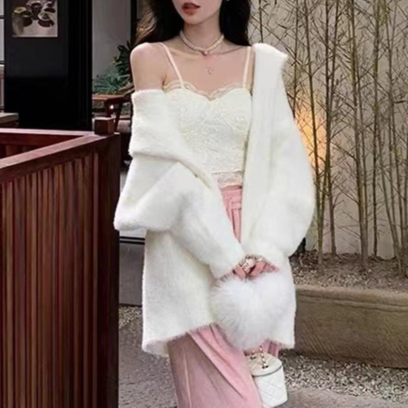 Milk fufu hooded imitation mink fleece sweater jacket women's autumn and winter medium and long loose lazy wind knitted cardigan women