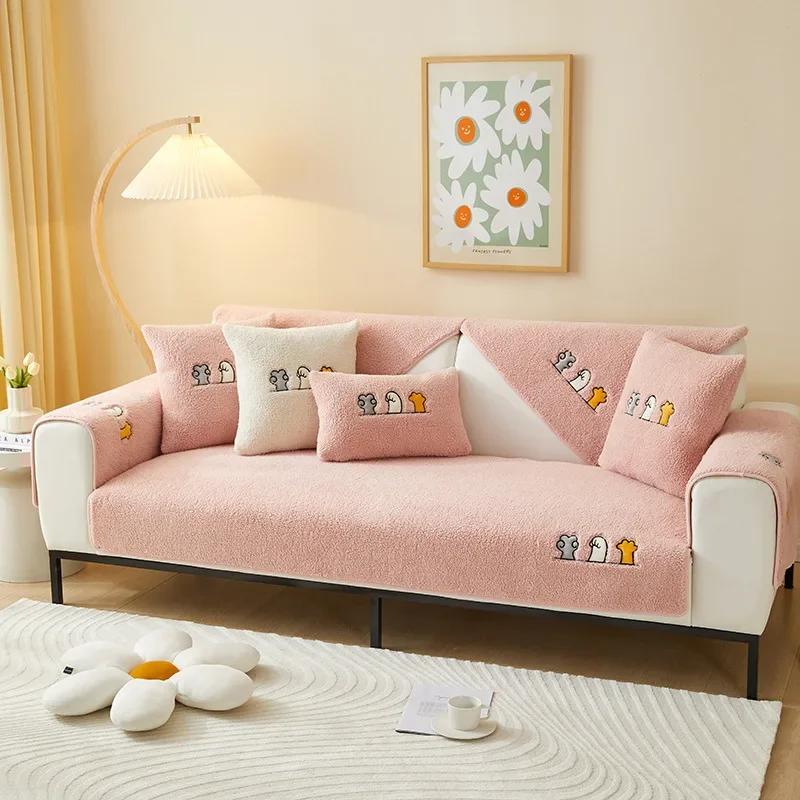 Winter Thicken Sofa Towel Solid Color Lamb Wool Plush Sofa Cushion Corner Soft Slipcovers For Living Room Decor Couch Cover
