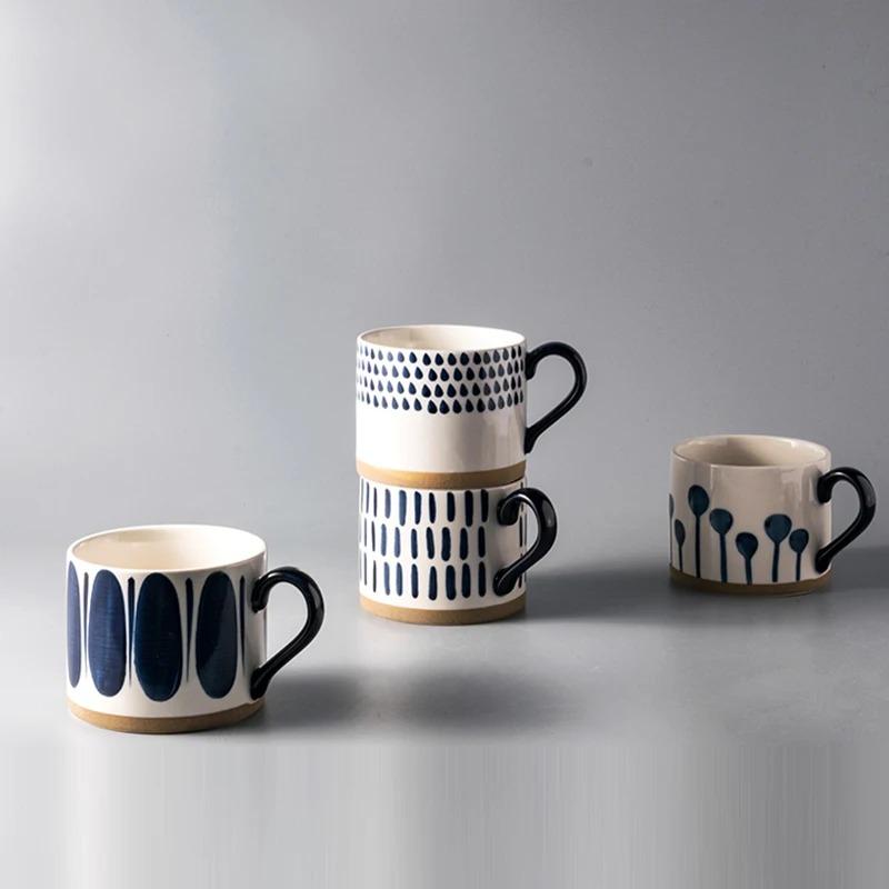 Japanese Ceramic Pattern Coffee Cup with Spoon 450ml Large Capacity Mug Simple Home Office Breakfast Milk Mug Pull Flower Latte