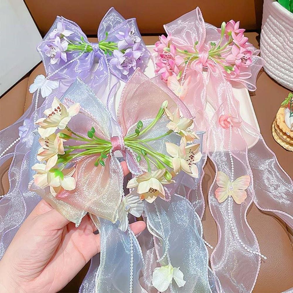 Mesh-textiled Girls Floral Hairpins Beaded-streamer Tulle Ribbon Streamers Pageants