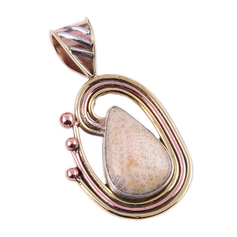 Natural Fossil Coral 925 Solid Sterling Silver TwoTone Gift Pendant 1.50" e3P99