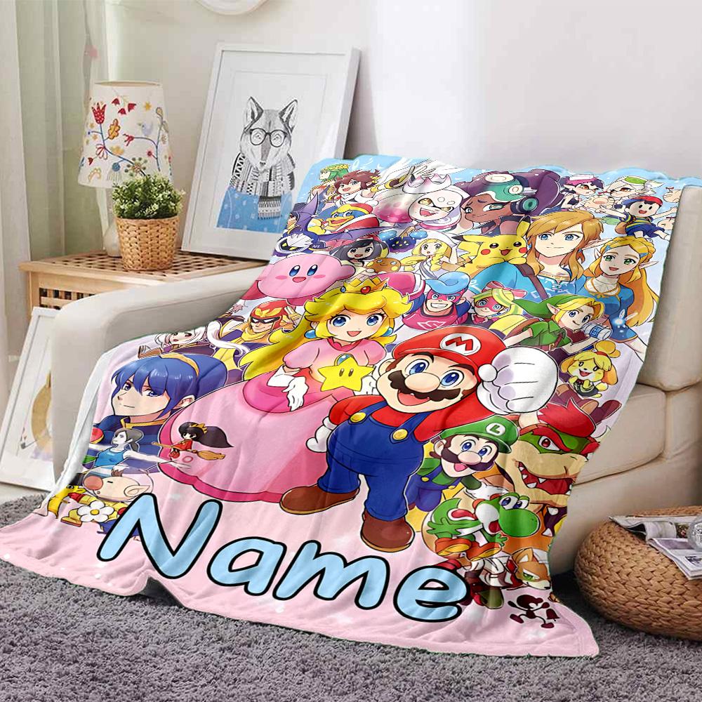 Custom Name Super Mario Bros Adventure flannel Blanket for Super Soft Cute Comfort Blanket for Travel Bedding Couch Sofa Blanket