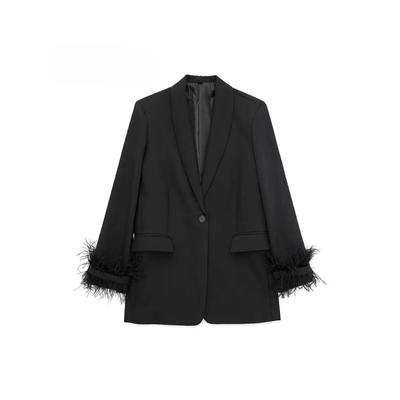 Γυναικεία Μόδα Σατέν Μαύρο Με Φτερά Μπλέιζερ Τζάκετ Vintage Εγκοπή Λαιμός Μονόκουμπο Μακριά Μανίκια Γυναικεία Σύνολα