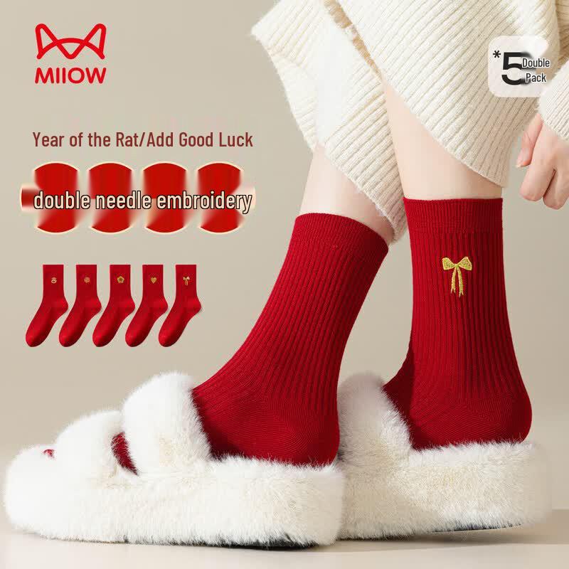 Mao Ren Women s Embroidered Mid-Calf Cotton Socks 5-Pack M