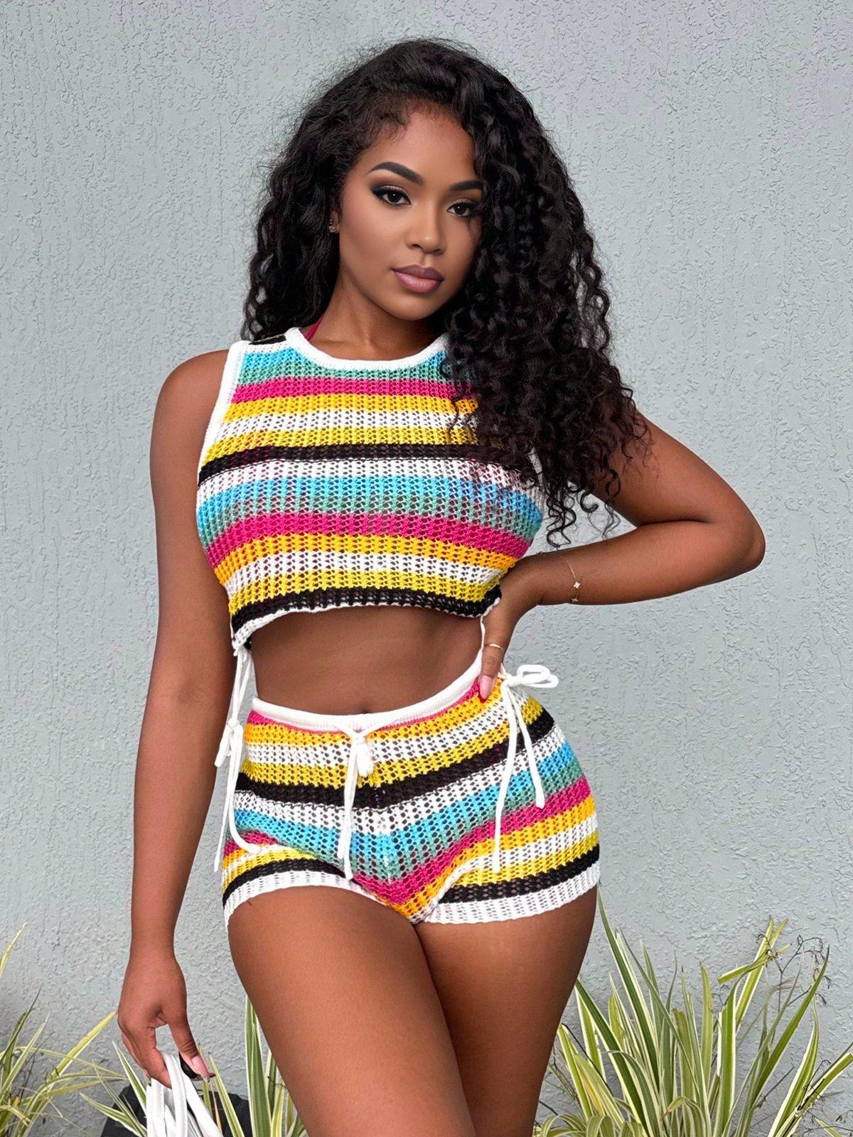 

Colorful Lace-Up Knit Top & High-Waisted Shorts Beach Set One Size
