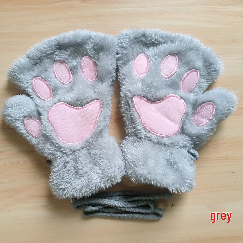 Women's Cute Cartoon Bear Paw Fingerless Plush Gloves with Hanging Neck