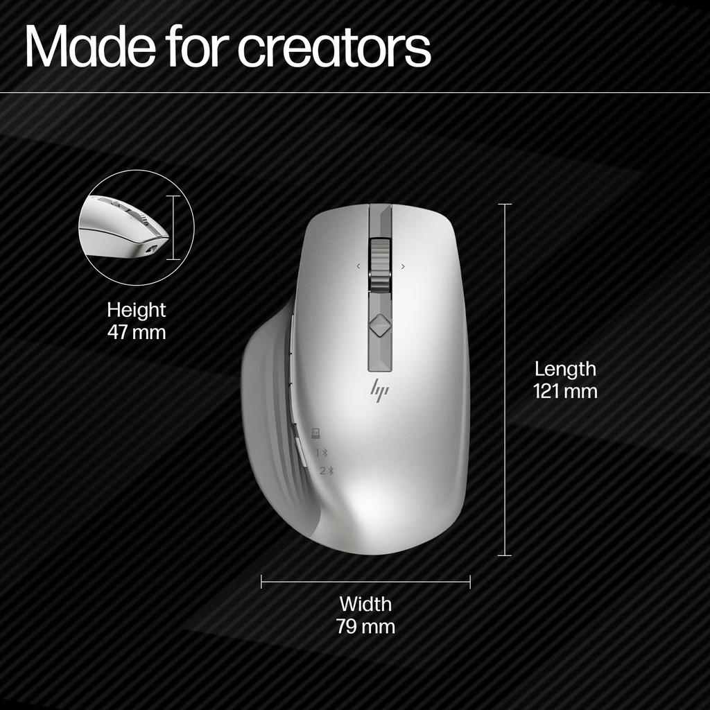 HP 930 Silver Bluetooth Mouse, Rechargeable, USB-C Charging, 3-Device Connection, 4-Way Scroll Wheel, 7 Programmable Buttons, Compatible with Mac,