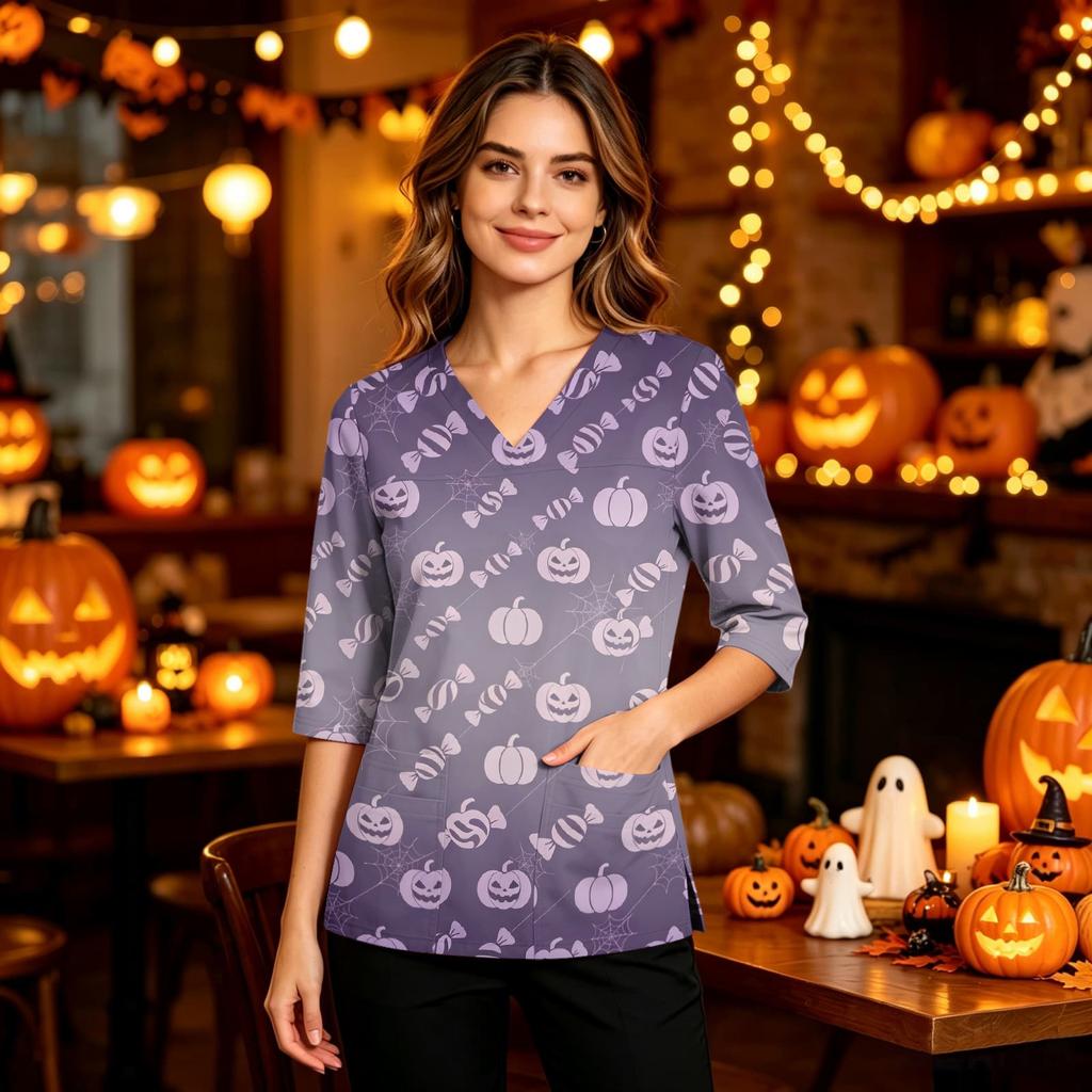 Women's Halloween Print V-Neck Uniform Top with Pockets and Side Slits, Three-Quarter Sleeve Casual Scrub