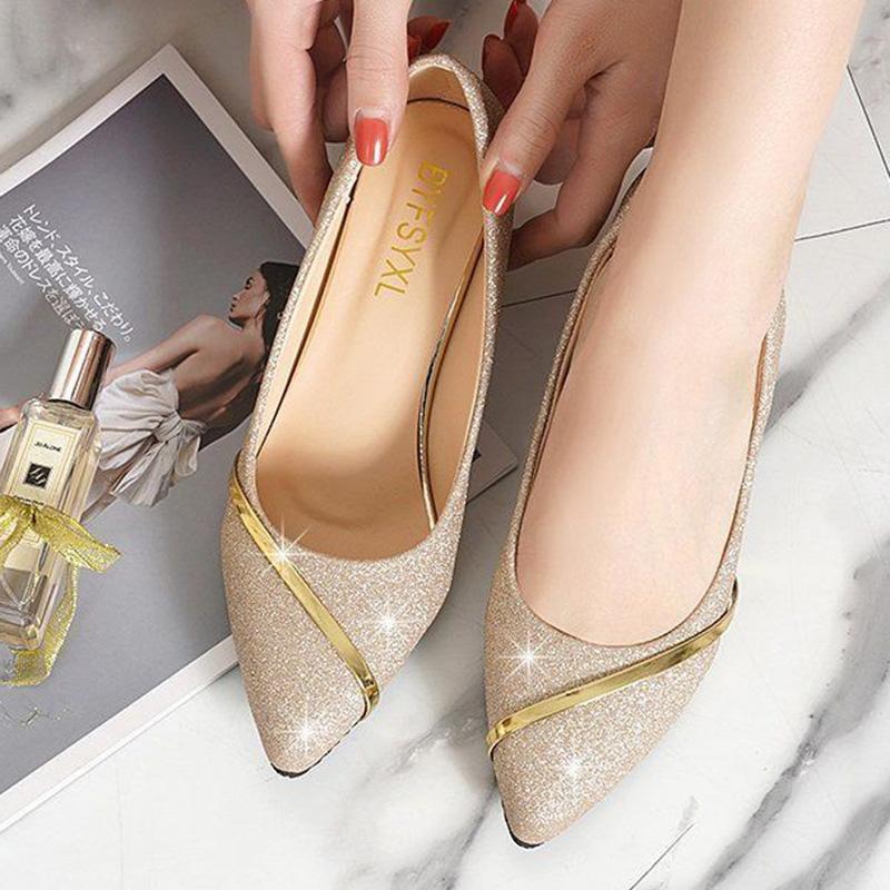 Chaussures pour femmes à talons moyens et épais, robe de soirée printemps et automne, bouche peu profonde, décontractées, à bout pointu, mode strass, chaussures pour femmes