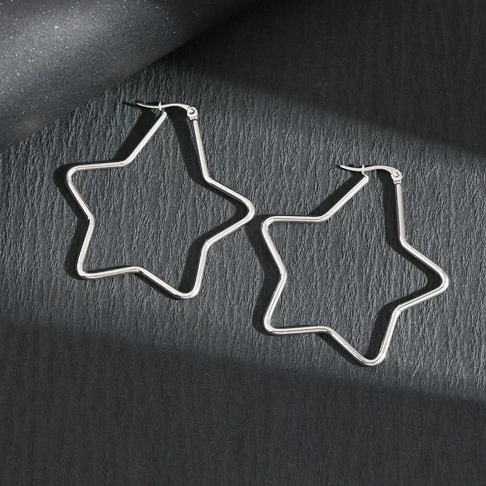 Stainless Steel Hollow Pentagram Hoop Earrings Boho Vacation Style Five-pointed Star Earring Punk Party Daily Jewelry Gift