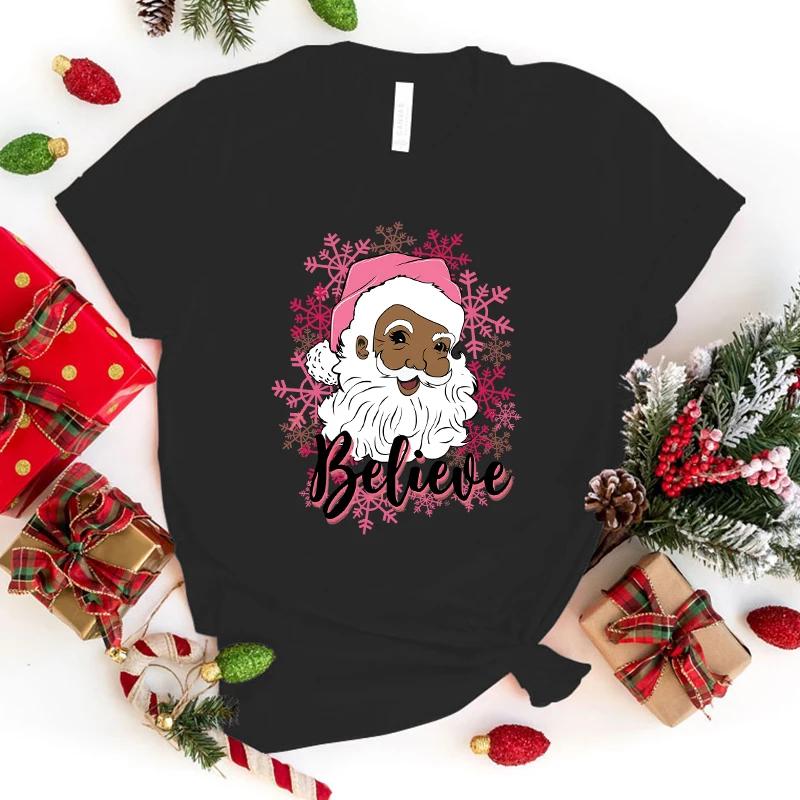 Unisex T-shirty z krótkim rękawem Świąteczne z nadrukiem Wierz w Świętego Mikołaja Damskie Codzienne Topy Harajuku Zabawne T-shirty