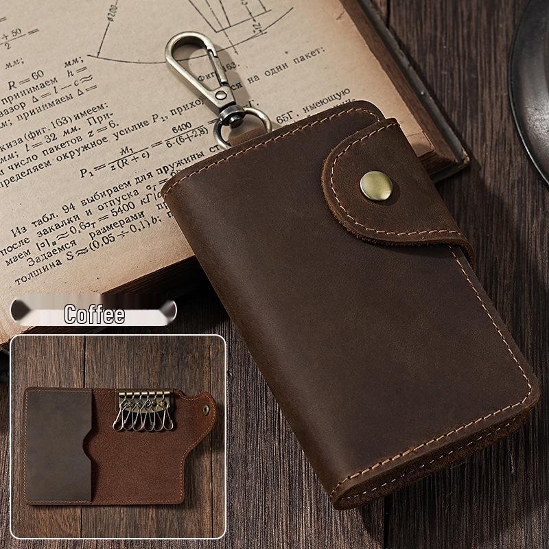 Retro Crazy Horse Leather Key Holder - Men's Genuine Leather Waist Pouch, Access Card Key Cover, Home Key Storage Bag.