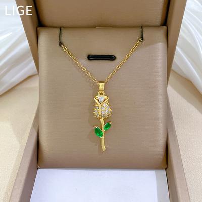 Green Leaf Rose Full Diamond Light Luxury Temperament Gorgeous Full Diamond Necklace Female Versatile Collarbone Chain Titanium Steel