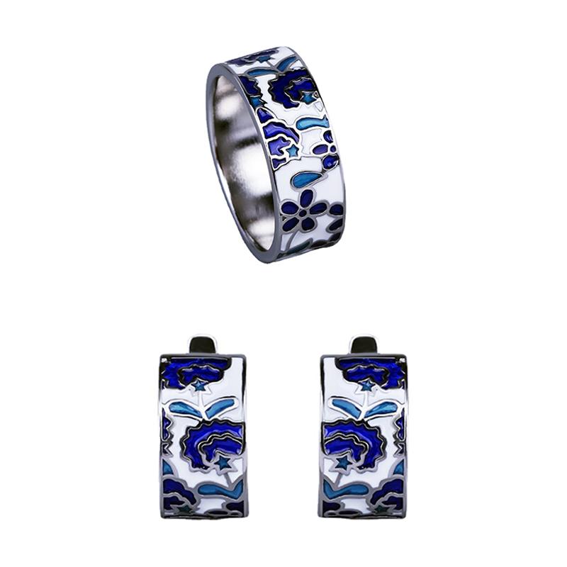

Classic Set for Women Blue Flower Enamel Earrings Ring Pendant Set Trendy Fine Handmade Bridal Sets 7