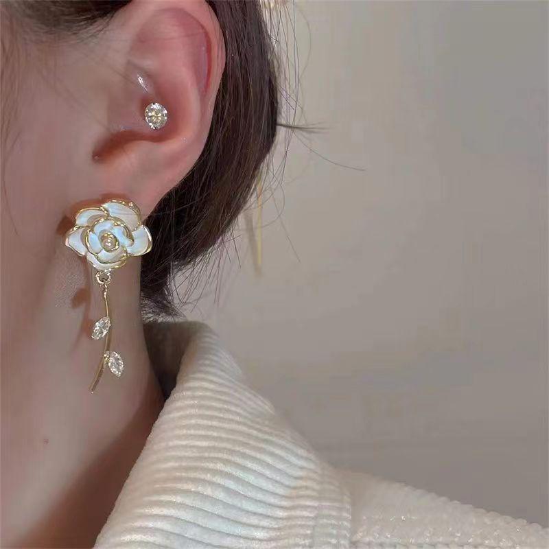 S925 Silver Needle Camellia Zircon Leaf Earrings - Trendy French Design for Women