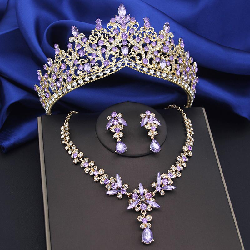 Purple Crystal Bridal Jewelry Sets Women Tiaras Bride Necklace Earrings for Wedding Crown Jewelry Set Prom