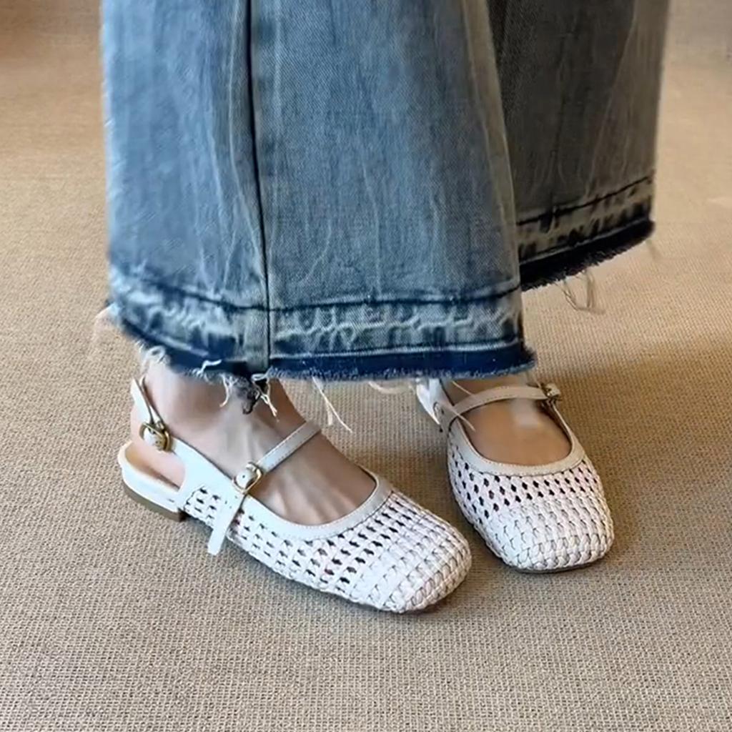 Sheepskin fashionable retro woven hollow breathable bag head sandals women's comfortable word with leather square head Roman shoes