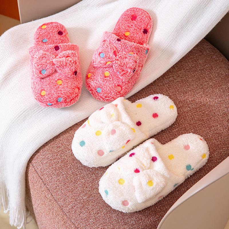 Autumn and winter polka dot bow home thermal cotton slippers Korean version indoor home wooden floor cotton slippers