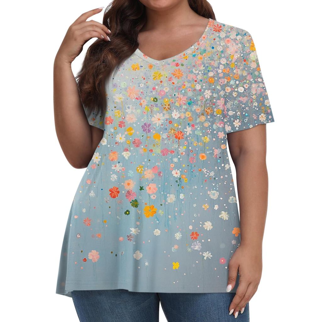 Damenmode Lässig V-Ausschnitt Pullover Kurzarm Übergröße Bedrucktes T-Shirt Top