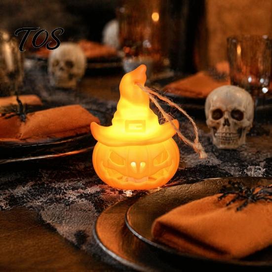 Safe Flameless Candle Lamp Halloween Witch Hat Pumpkin Lamp, Bat Skull Hollow LED Night Light for Party, Spooky Tabletop Decor Haunted House