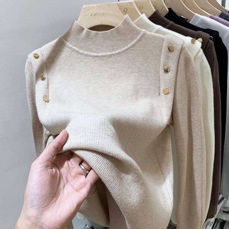 Button Turtleneck Knitted Women Sweater Pullovers Autumn Winter Basic Women Sweaters Fit Soft Warm Tops