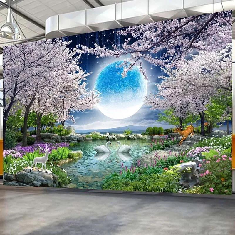Photo Mural 3d Moon Wallpaper Flowers Tree Swan Landscape Wall Painting Background Living Room Bedroom Home Decor
