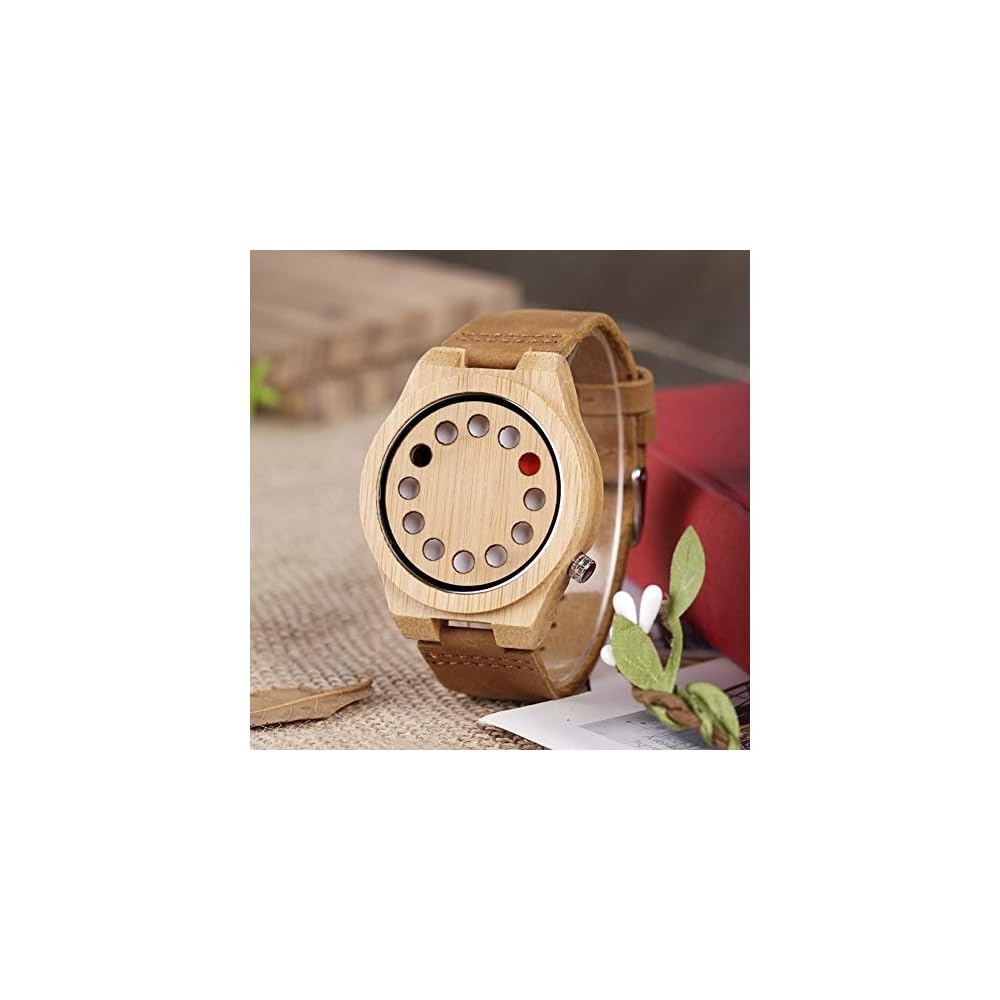 Bobo Bird Men's Bamboo Watch Black Leather Strap 12-Hole Timer Design Sports Casual Timepiece Brown Cat Eye Classic