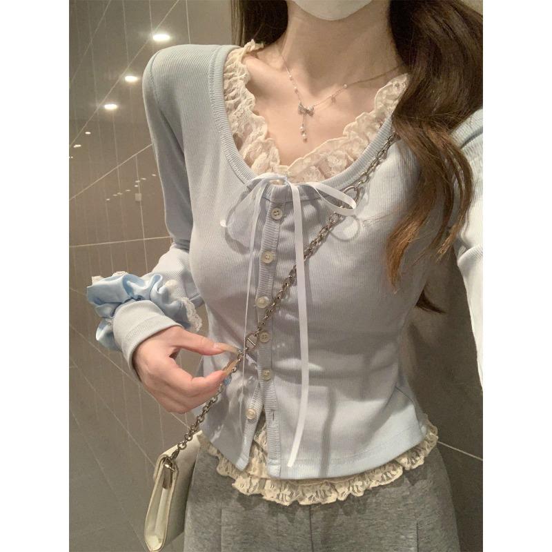 

Spring Autumn Fake Two Pieces Lace Patchwork Bandage Sweet Tee Women Long Sleeve Single Breasted T-shirt Top S