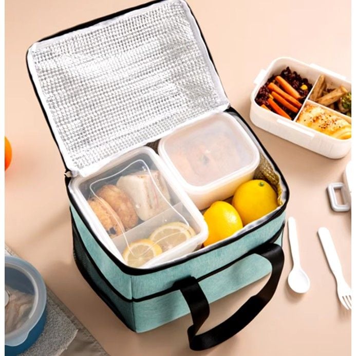 Green Lunch Insulated Tote Bag Multifunctional Waterproof with Phone and Cutlery Compartments 24x18x21cm Lunch Bag