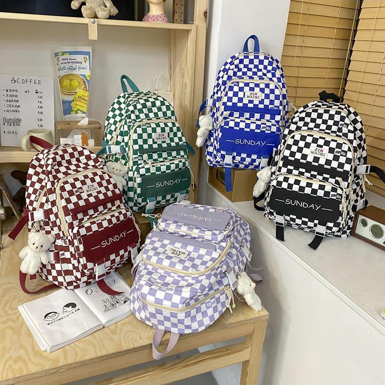 Girls' Korean Checkerboard Colorblock Lightweight Casual Backpack - Large Capacity for Middle & High School Students