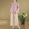 2025 Summer Tencel Cotton Linen Short Sleeve Chinese Embroidery Top & Wide Leg Pants Set