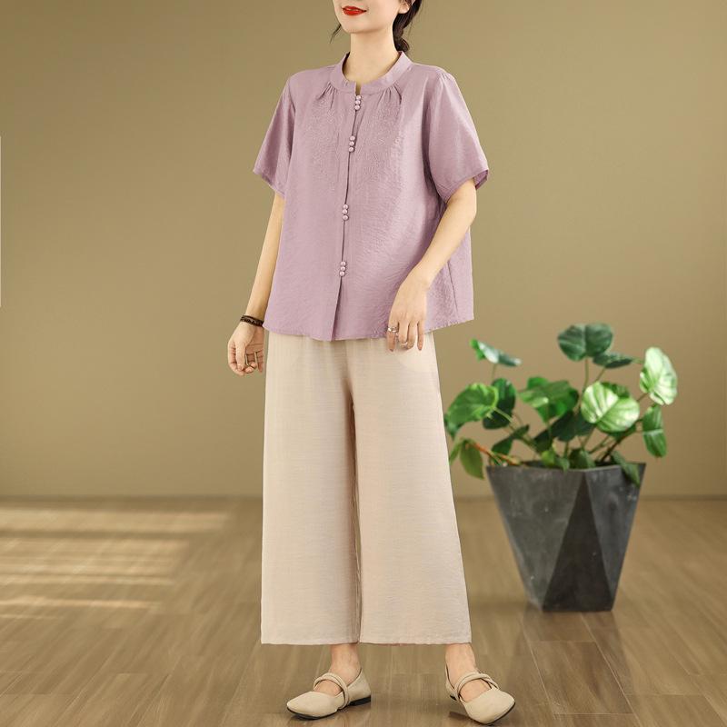 2025 Summer Tencel Cotton Linen Short Sleeve Chinese Embroidery Top & Wide Leg Pants Set