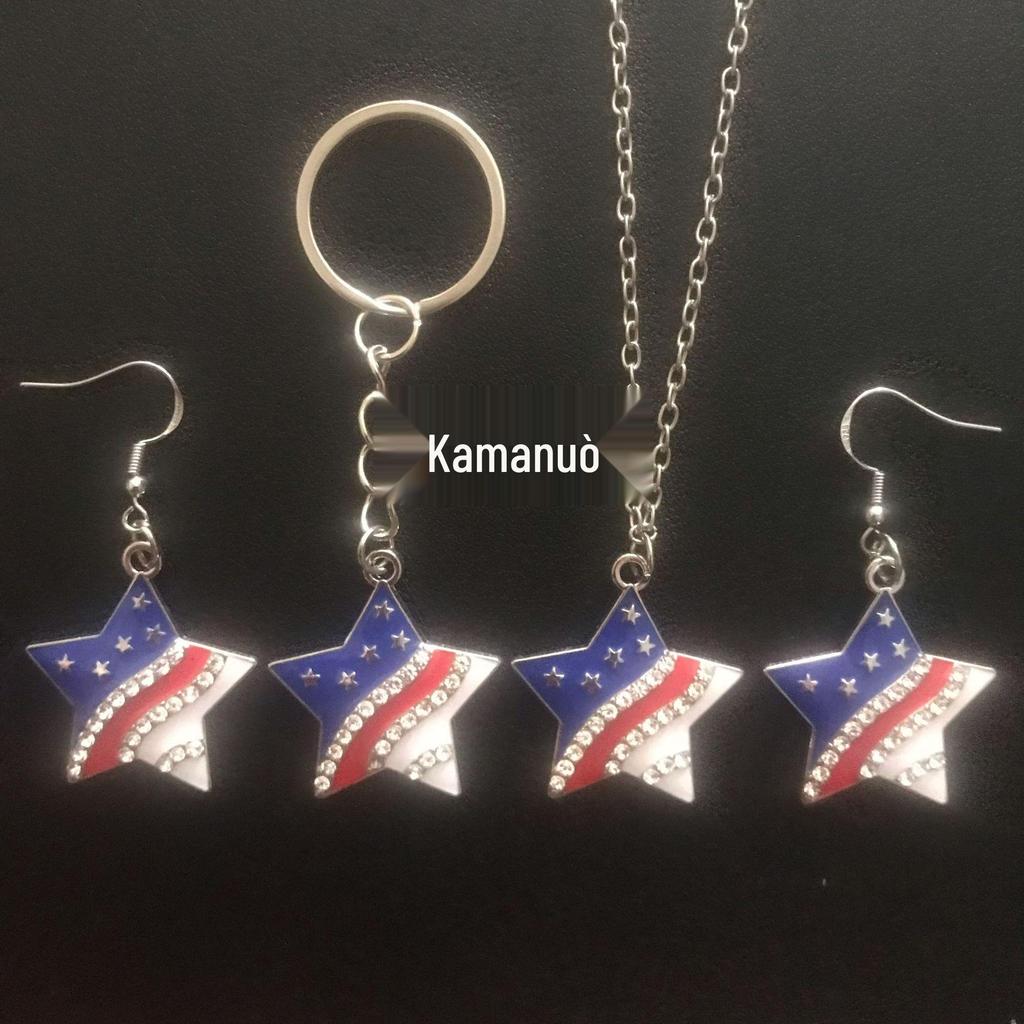 European & American Independence Day 4-Piece Set: Necklace, Earring, Keychain with Alloy & Rhinestone.