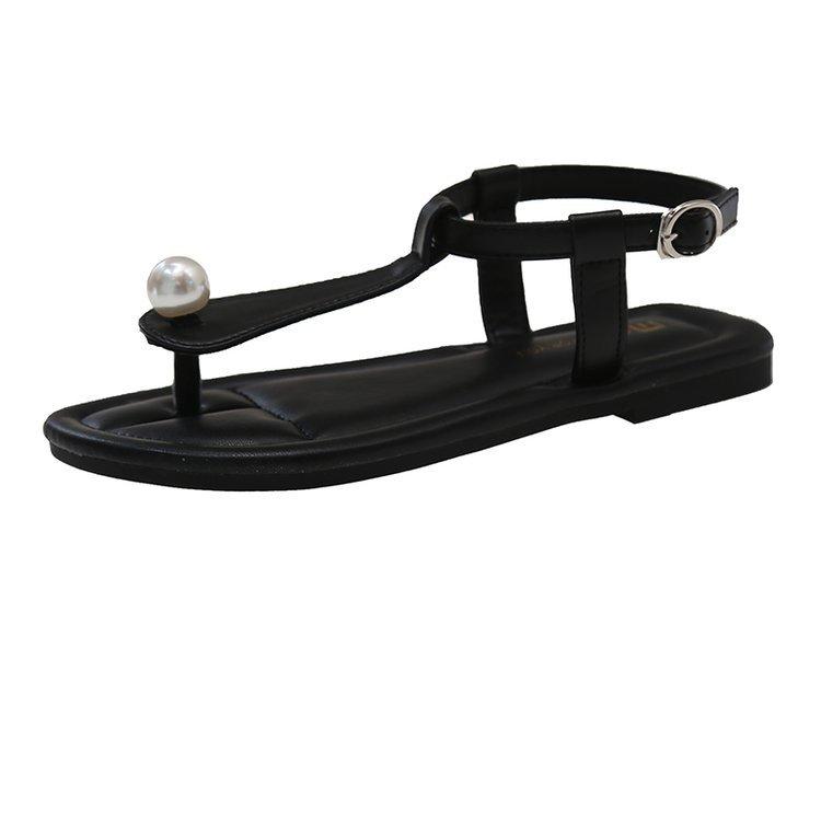 

Маленький красный отдел благородный жемчуг минималистский щипок T-образный ремешок сандалии на плоской подошве женские летние кожаные узоры сандалии в римском стиле сандалии 35 чёрный