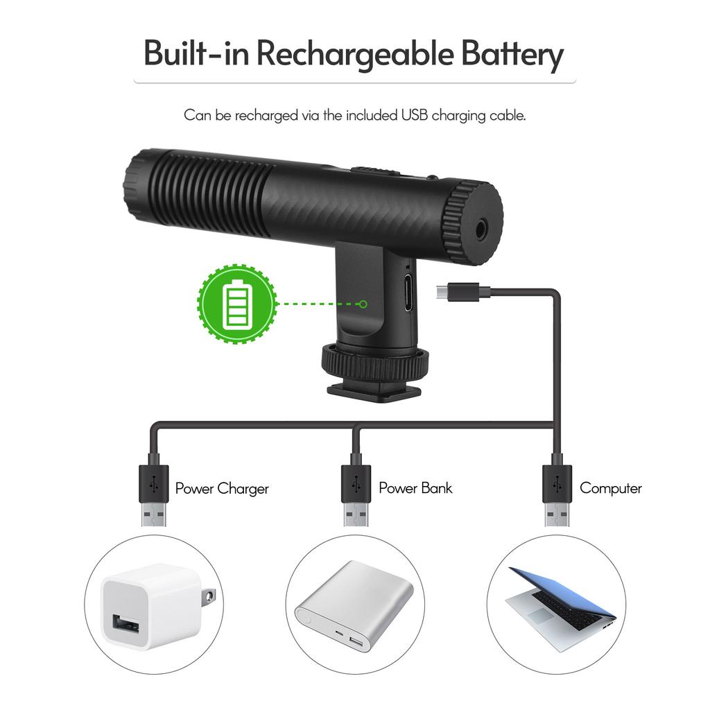 Portable Stereo Microphone Video Recording Mic 3.5mm TRS Plug Built in Rechargeable Battery for DSLR Cameras Camcorder