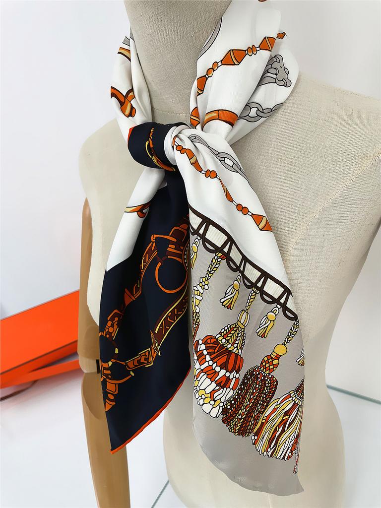 90CM Manual Hand Rolled Twill Silk Scarf Women Tassel Chain Print Square Scarves Wraps Echarpe Curled Foulards Femme Hijabs