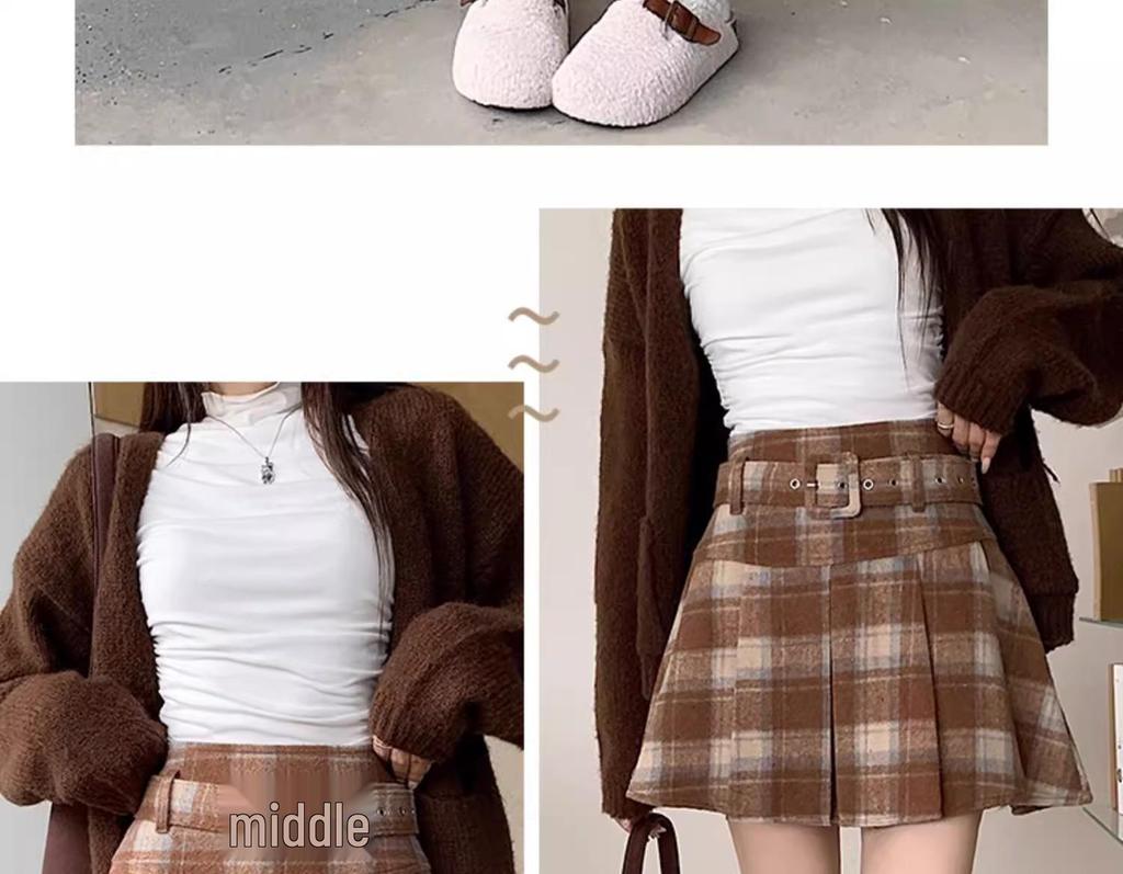 Plus Size Woolen Plaid Pleated Skirt for Women - Retro Red Short Skirt for Chubby Girls, Perfect for Autumn and Winter