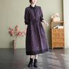 Autumn Literary Print Dress: Long-Sleeved, Cotton-Linen, Loose Fit, Extended Style with Shirt Collar
