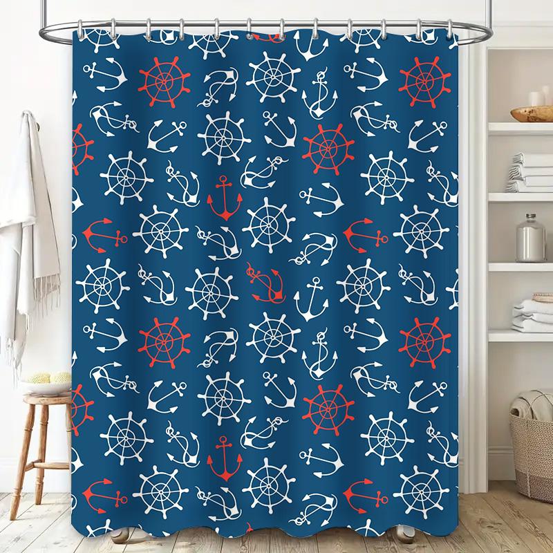Nautical Blue Red Waterproof Shower Curtain Marine Decorative Printed Bath Hanging 72 X 84 Inch Bathroom Decor