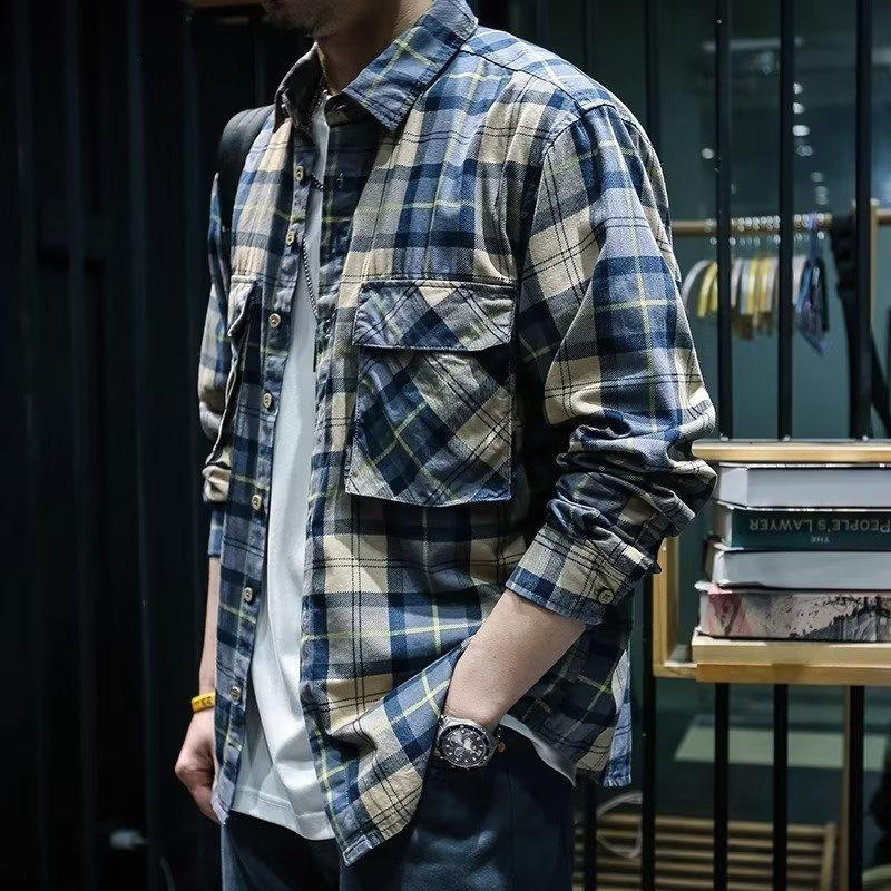 Men's Long-sleeved Casual Plaid Shirt Students Handsome Loose Jacket Teenage Fall Plus Size Tops