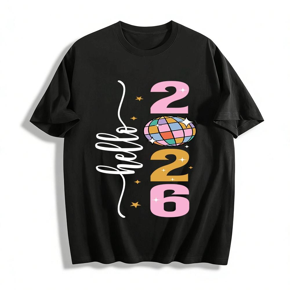 2026 Disco Ball New Year Themed Casual Printed Top For Men And Women Pure cotton T-shirt XXS