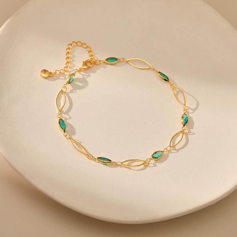 Gold Plated Marquise Emerald Green CZ & Hollow Oval Link Anklet With Extension Chain зелёный