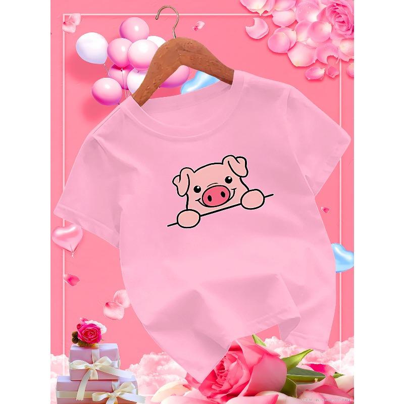 European Sizes Adorable Pink Cartoon Pig Avatar for Girls, Perfect for Summer with Short Sleeves, Casual And Breathable.