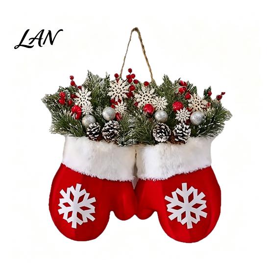 Holiday Front Door Decor Christmas Mitten/Stocking Wreath, Decorative Artificial Wreath with Berries Pine Cones, Cone Berry Branches, Hanging