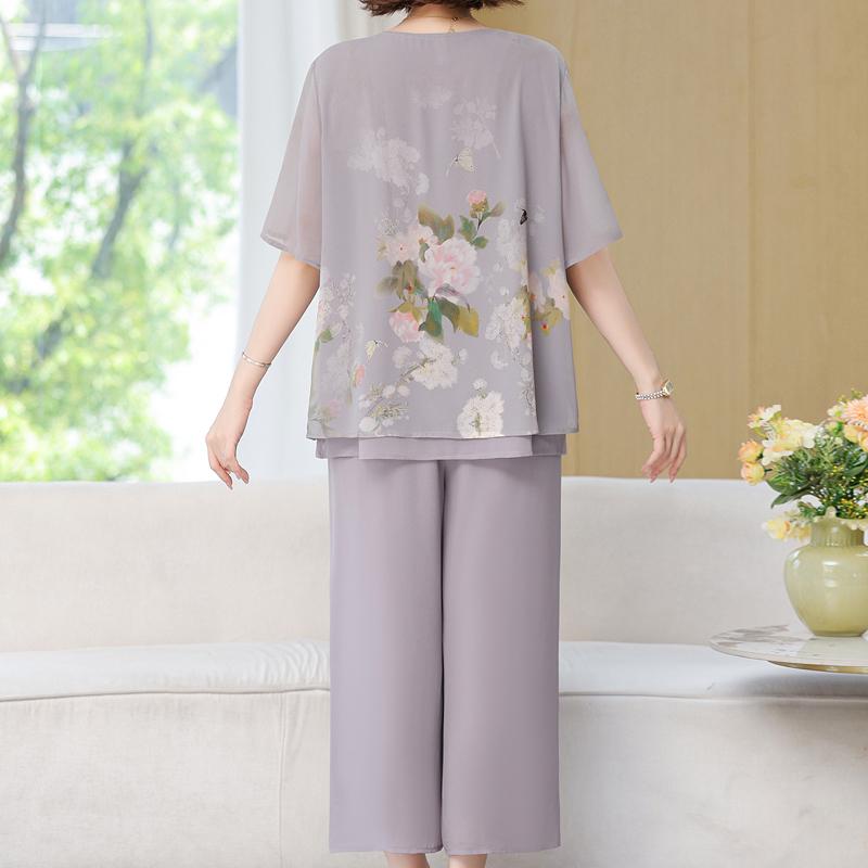 Nadměrná velikost 4XL-8XL Letní Oversize Šifonové Dvou dílné Sety Dámské Oblečení Poloviční Rukáv Ležérní Elegantní Volné Široké Nohy Kalhotové Sety