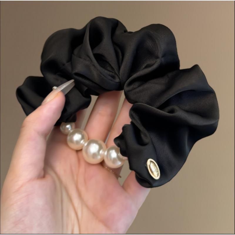 Korean-Style Satin Pearl Edge Scrunchie - Elegant Creamy Sea Blue for Gentle Low Ponytails