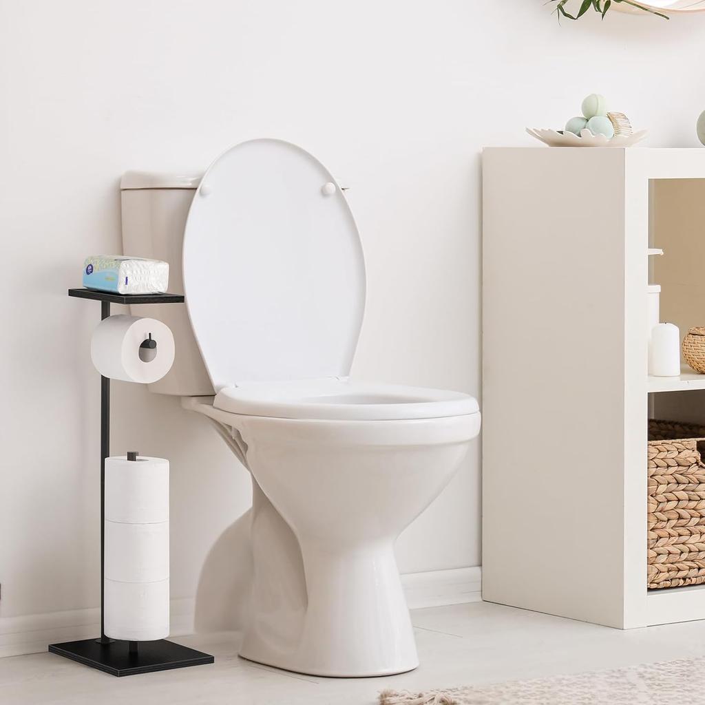 LIANTRAL Freestanding Toilet Paper Roll Dispenser, Toilet Paper Holder Stand with Top Storage Plate, Black Metal Frame, Black Patterned Plate