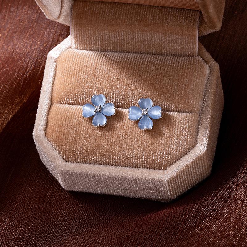 Mori Small Fresh Blue Flower Stud Earrings Women'S Light Luxury Niche High-End Opal Flower Earrings Earrings